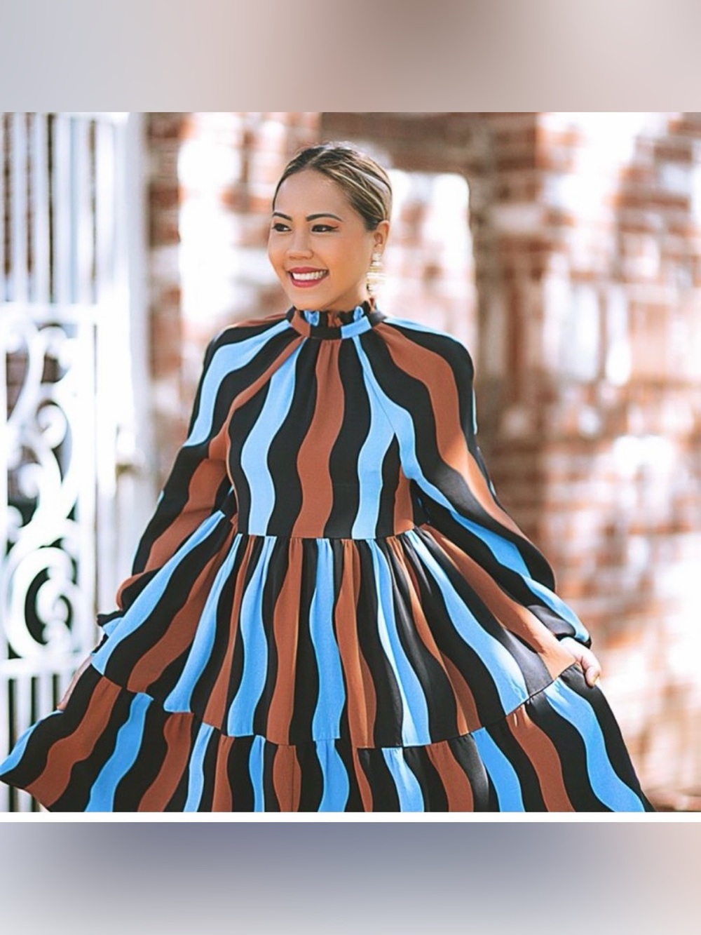 STINE GOYA Brown, Black & Light Blue Wavy Stripe Long-Sleeve Dress size S